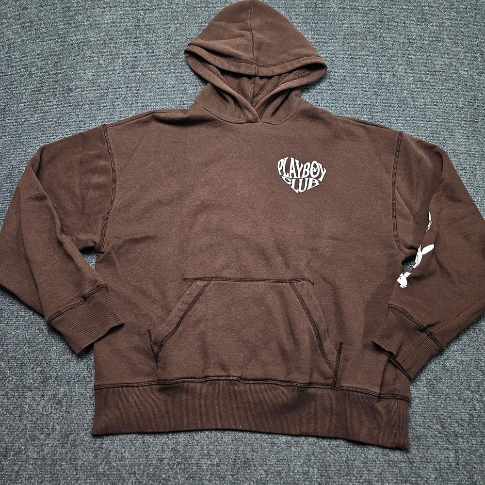Playboy PacSun Hoodie‎ Oversized Small Brown Club Heart Graphic Sleeve Logo Y2K